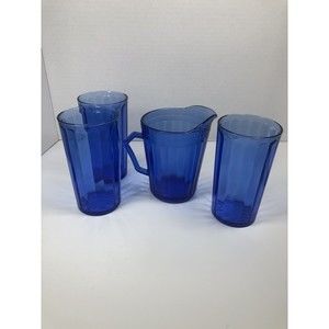 Vtg 3 Depression Hazel Atlas Cobalt Blue AURORA Tumblers And Pitcher See Pics